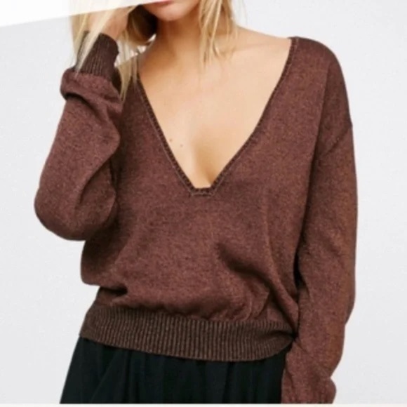 Free People Women’s Deep V Neck Sparkle Brown Sweater Size XS Pullover - Picture 1 of 8
